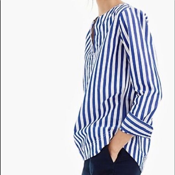 J. Crew blue/white stripe cotton poplin button cuff notched neckline top. XXS. - Picture 1 of 8
